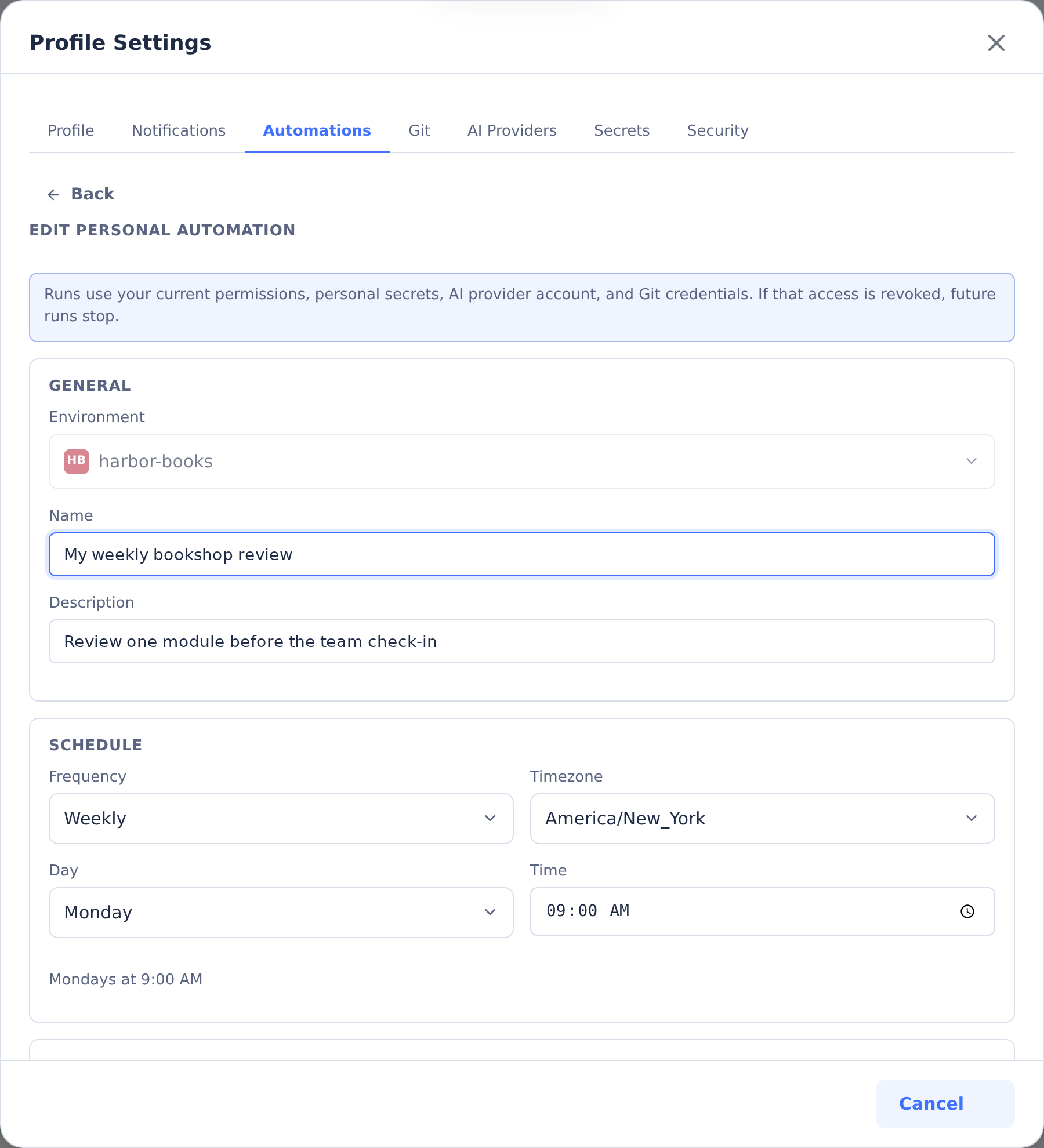 Profile Settings personal automation editor for a disabled weekly Harbor Books review