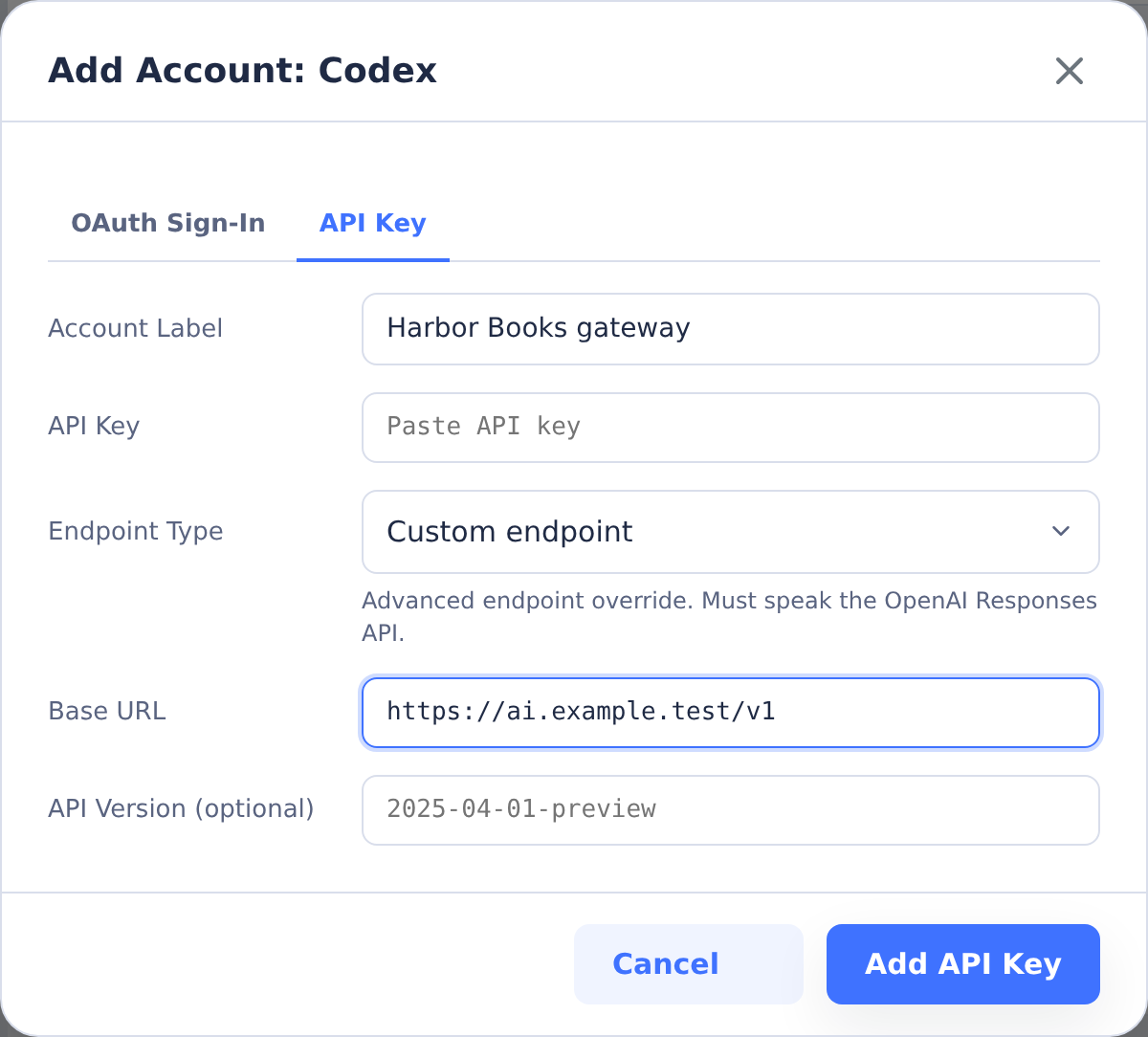 Add Codex API key account with a custom endpoint preset and an empty API key field