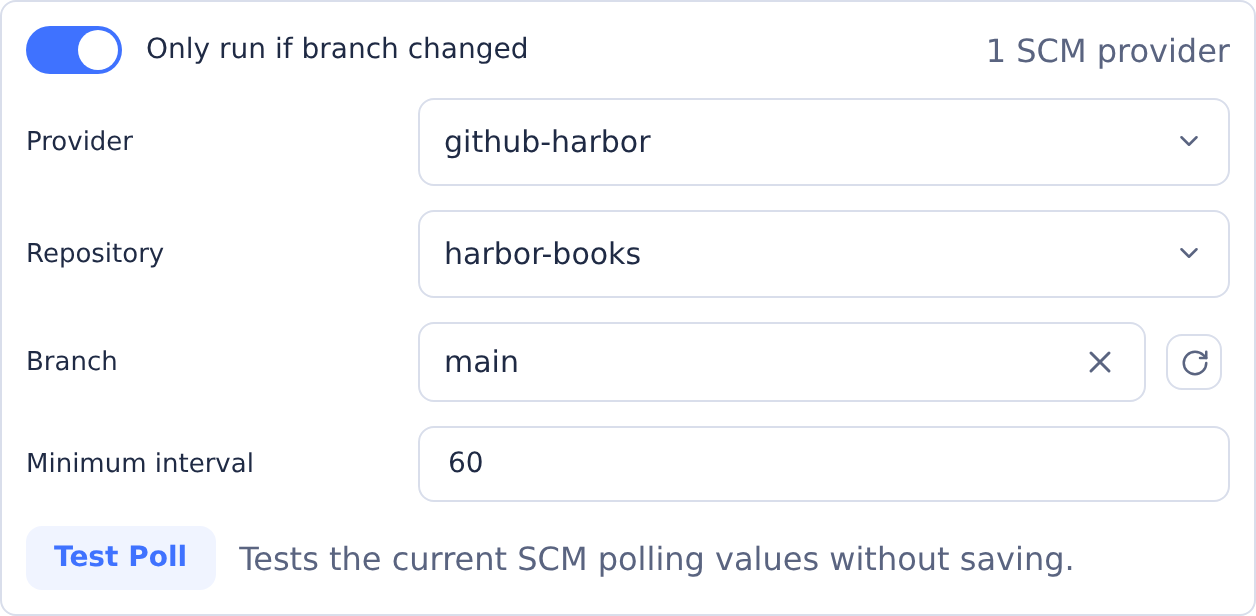 SCM polling controls for github-harbor, harbor-books main branch and a 60-second minimum interval