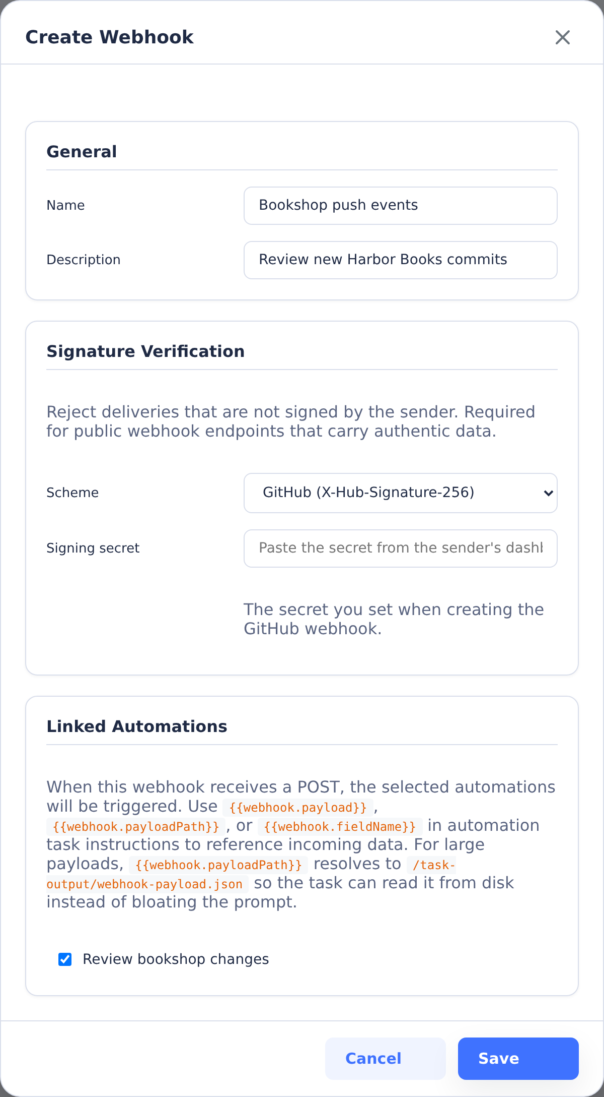 Create Webhook dialog with GitHub signature verification and a linked bookshop automation