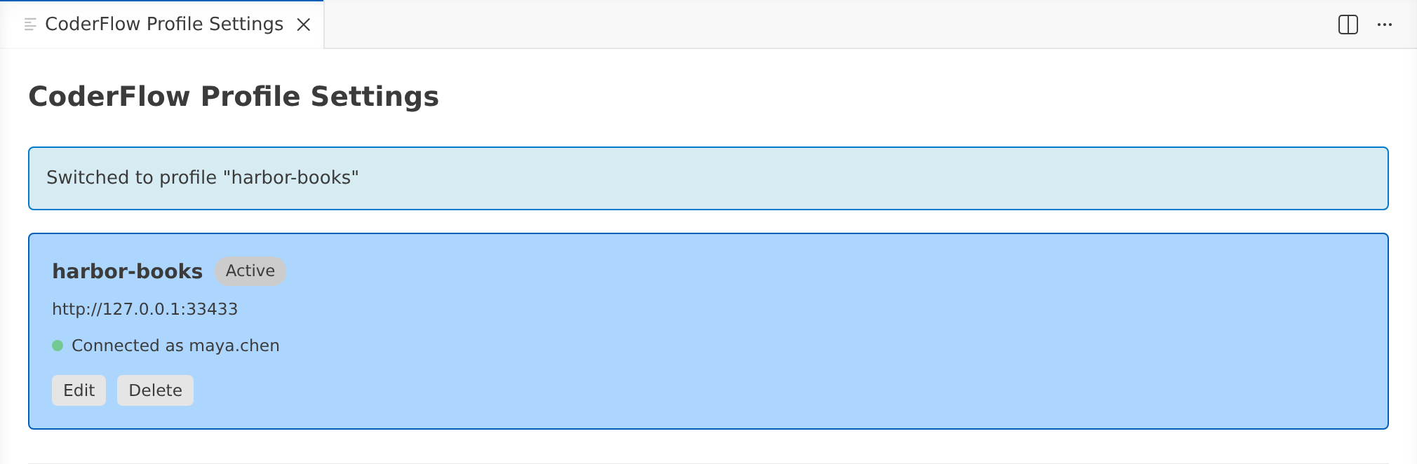 Desktop VS Code Profile Settings with the active Harbor Books profile, Maya Chen connection status and profile controls